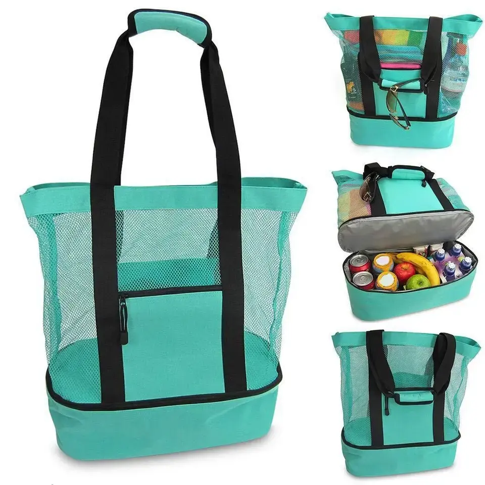 Double Layer Insulation Cooler Beach Mesh Tote Bag