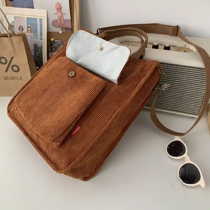 Corduroy Tote Bag With Pocket