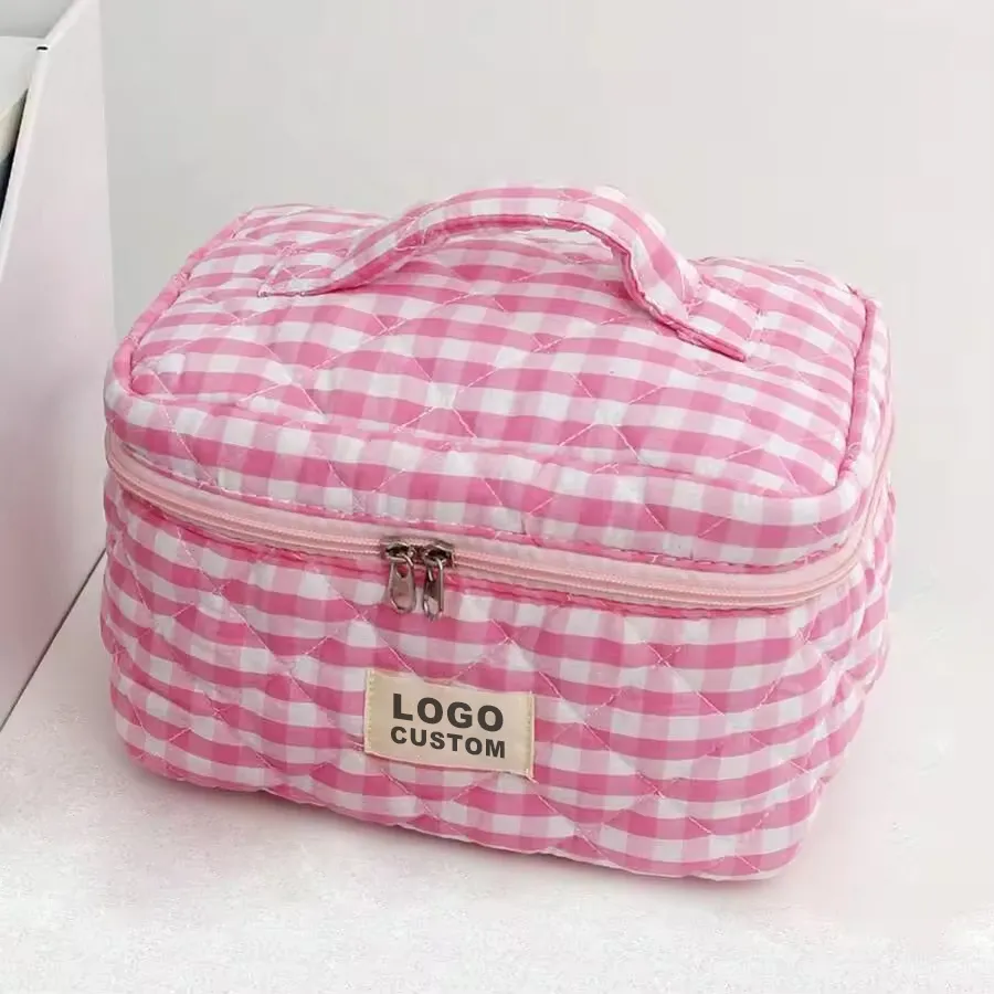 Pink check quilted makeup bag 2