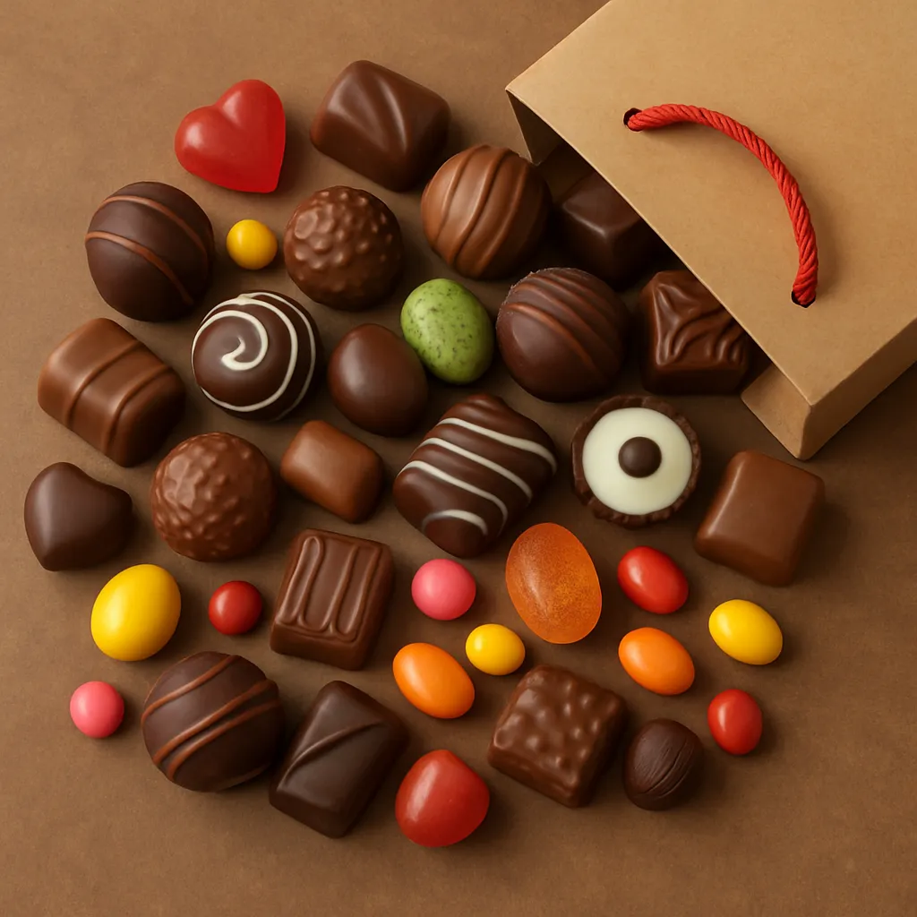 Assorted chocolates and candies spilling from a gift bag